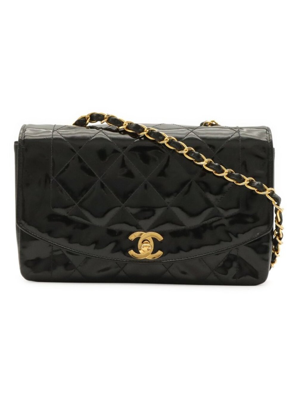 Chanel Diana Quilted CC Logo Chain Shoulder Bag Patent Lambskin Black Gold